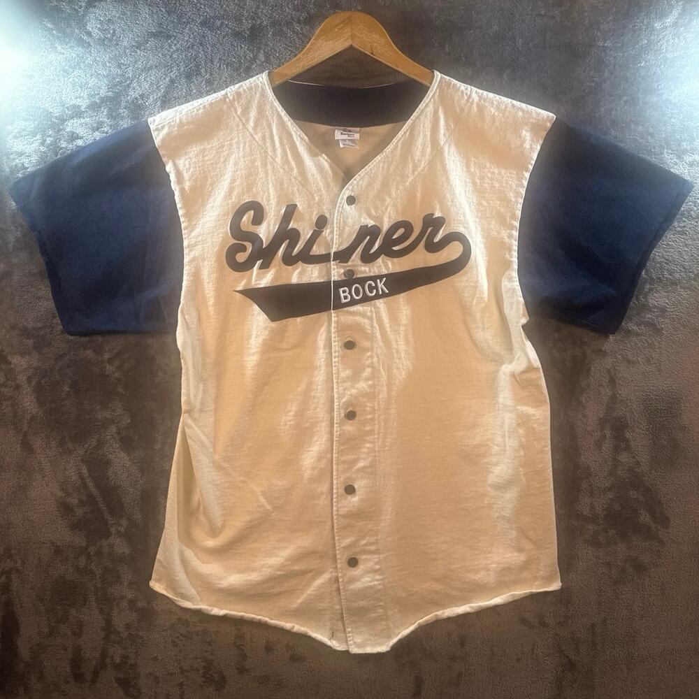 VTG Y2K Badger Sport x Shiner Bock Promotional Baseball Jersey Large Cream/Navy
